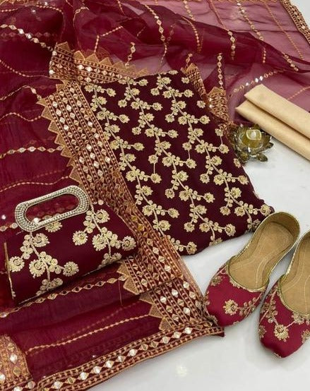 Women's Unstitched Embroidered Crinkle Chiffon Outfit - 3pcs - Jutishop.pk